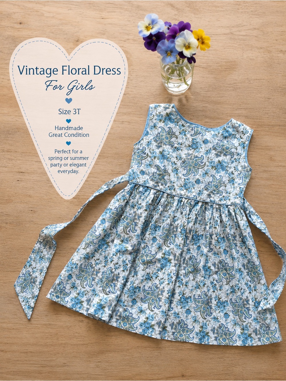 Vintage Blue & White Floral Girls Dress